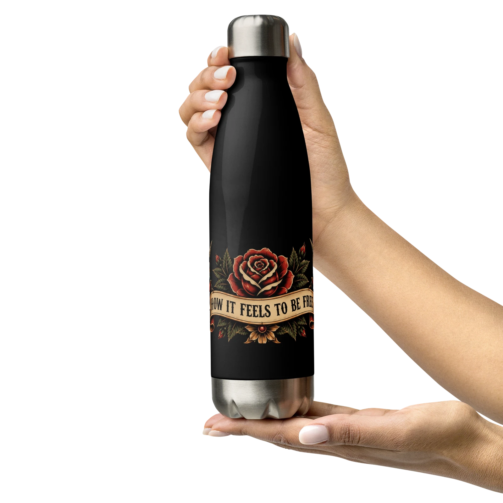 How It Feels to Be Free artwork shown on a black 17 ounce water bottle